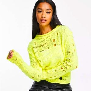ASOS DESIGN Petite sweater, fluffy yarn with distressed stitch in lime NWOT
